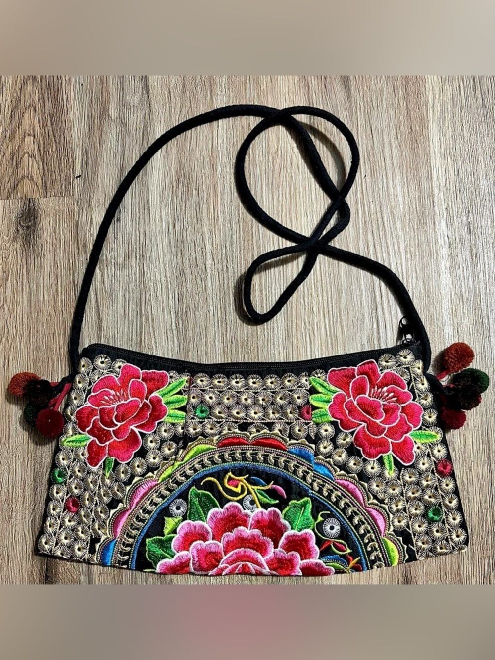 Embroidered Floral Shoulder/ Crossbody Bag - No Brand